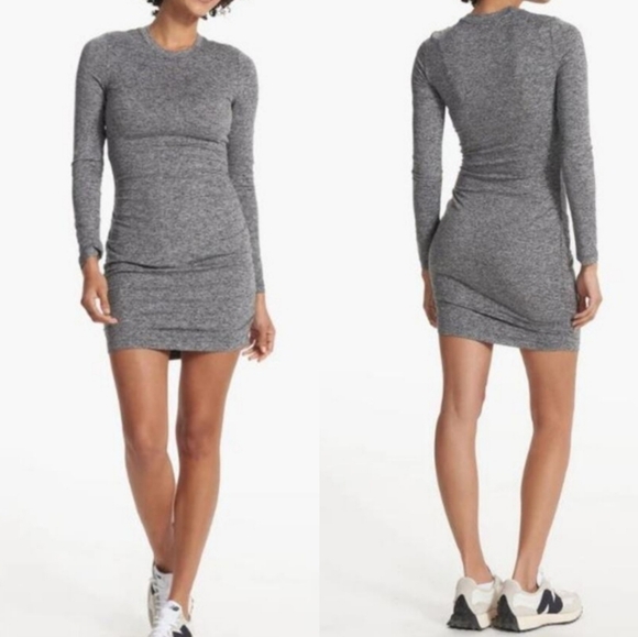 Vuori Women's Long Sleeve Halo Essential Dress NWT Ruching Casual Heather Grey - Picture 3 of 12
